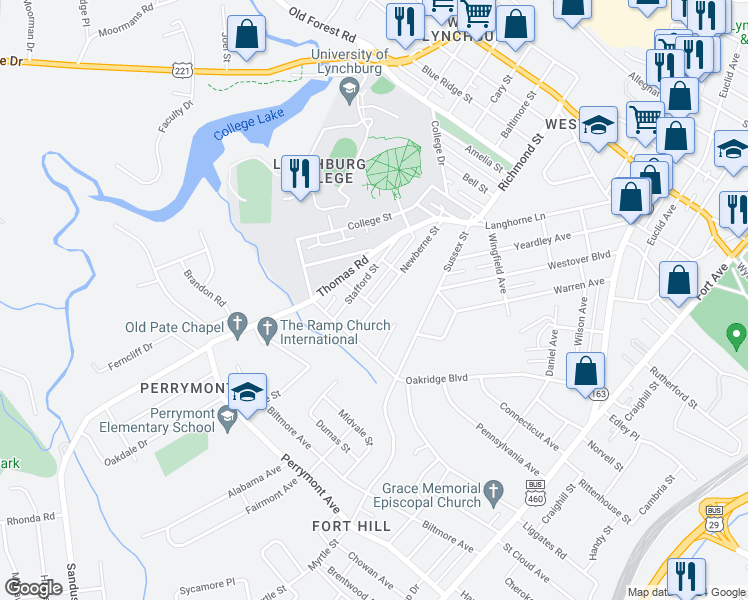map of restaurants, bars, coffee shops, grocery stores, and more near 520 Newberne Street in Lynchburg