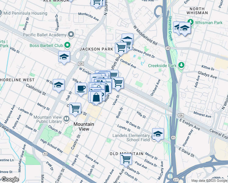 map of restaurants, bars, coffee shops, grocery stores, and more near 210 Hope Street in Mountain View