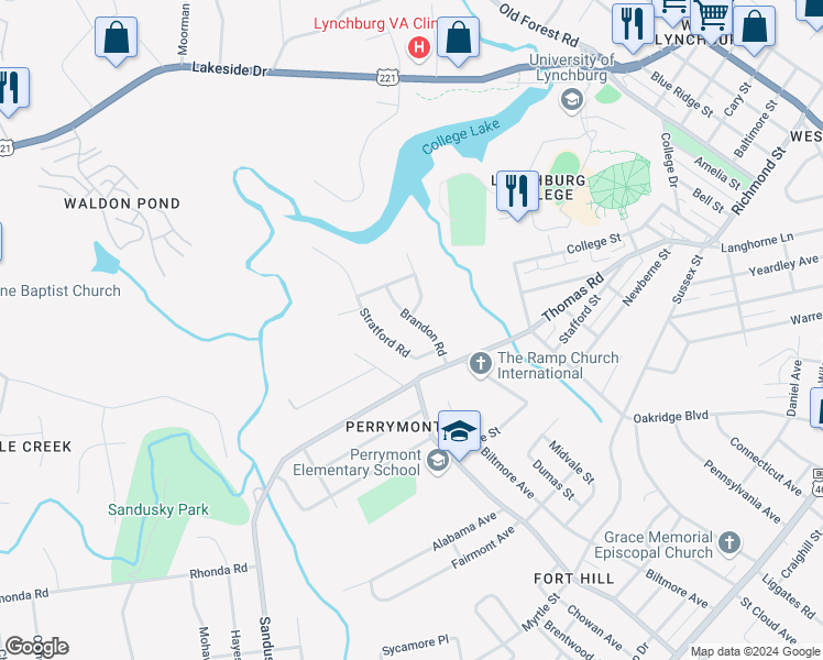 map of restaurants, bars, coffee shops, grocery stores, and more near 1113 Brandon Road in Lynchburg