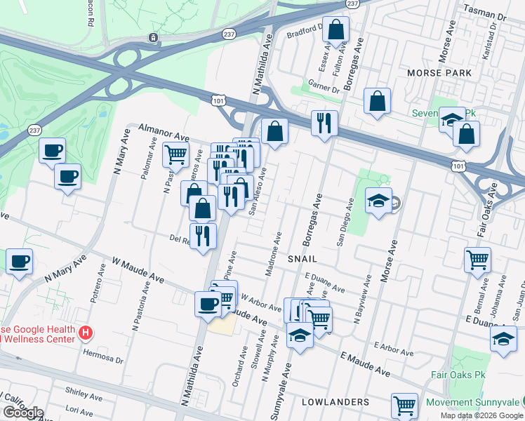 map of restaurants, bars, coffee shops, grocery stores, and more near 323 Alviso Terrace in Sunnyvale