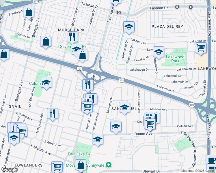 map of restaurants, bars, coffee shops, grocery stores, and more near 646 South Ahwanee Terrace in Sunnyvale