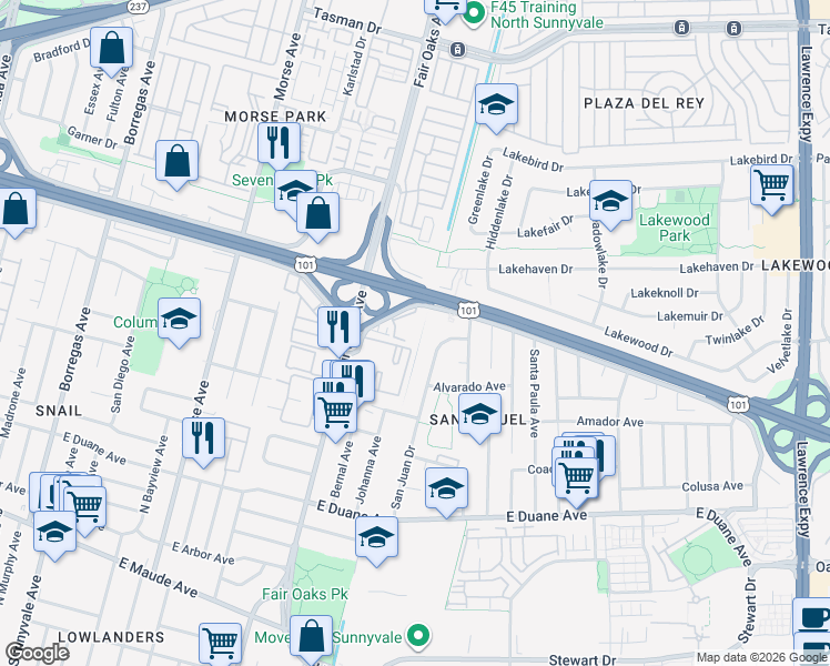 map of restaurants, bars, coffee shops, grocery stores, and more near 646 South Ahwanee Terrace in Sunnyvale