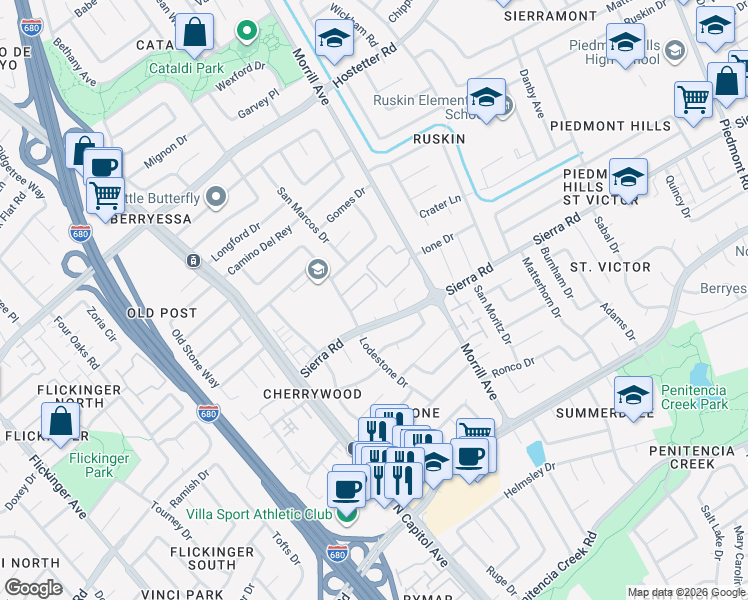 map of restaurants, bars, coffee shops, grocery stores, and more near 2705 Sierra Road in San Jose