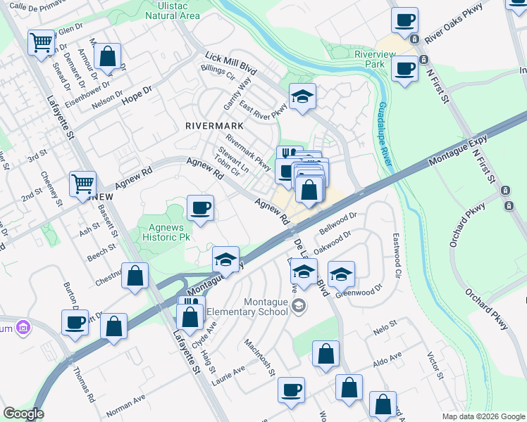 map of restaurants, bars, coffee shops, grocery stores, and more near 730 Agnew Road in Santa Clara