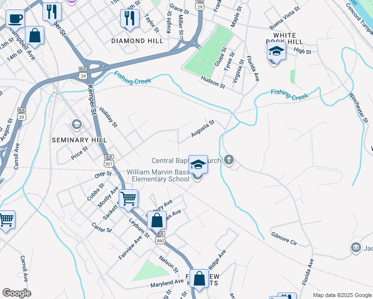 map of restaurants, bars, coffee shops, grocery stores, and more near 1545 Bland Street in Lynchburg