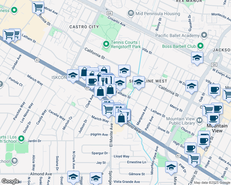 map of restaurants, bars, coffee shops, grocery stores, and more near 657 Escuela Avenue in Mountain View