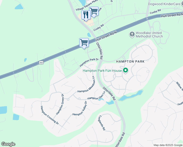 map of restaurants, bars, coffee shops, grocery stores, and more near 7830 Hampton Meadows Lane in Chesterfield