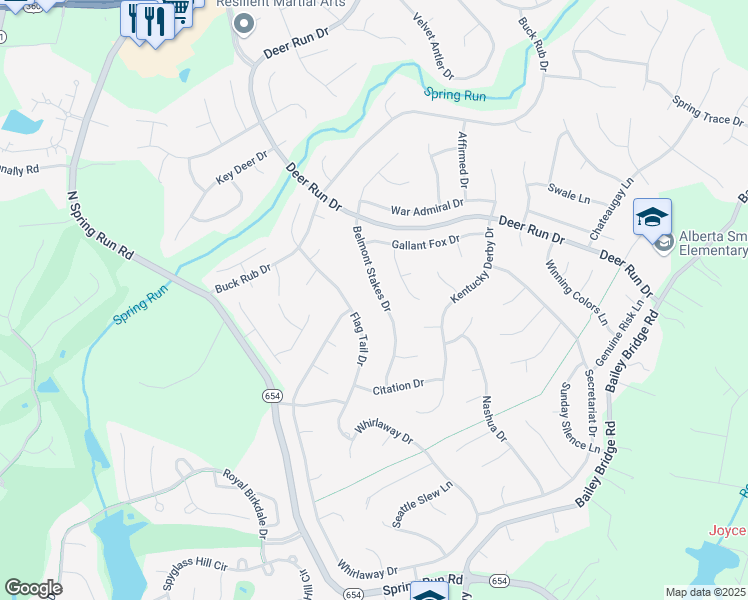 map of restaurants, bars, coffee shops, grocery stores, and more near 7718 Belmont Stakes Drive in Midlothian