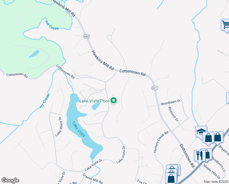 map of restaurants, bars, coffee shops, grocery stores, and more near 105 Forest Oaks Drive in Forest