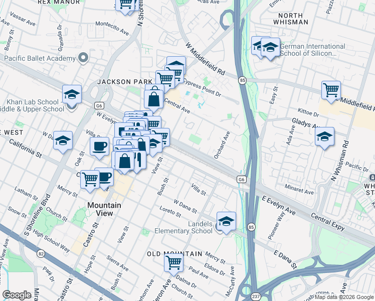 map of restaurants, bars, coffee shops, grocery stores, and more near Central Expressway in Mountain View