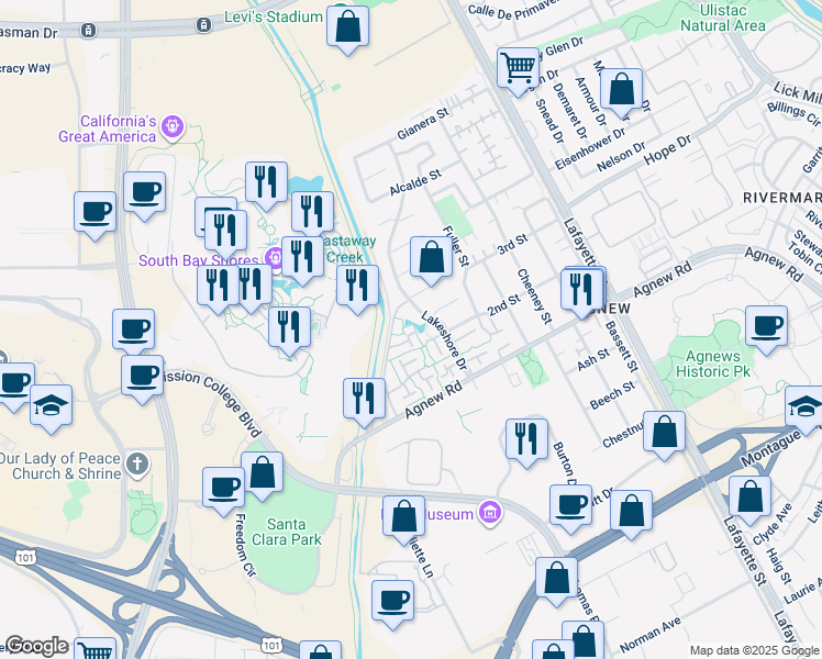 map of restaurants, bars, coffee shops, grocery stores, and more near 2363 Shoreside Court in Santa Clara