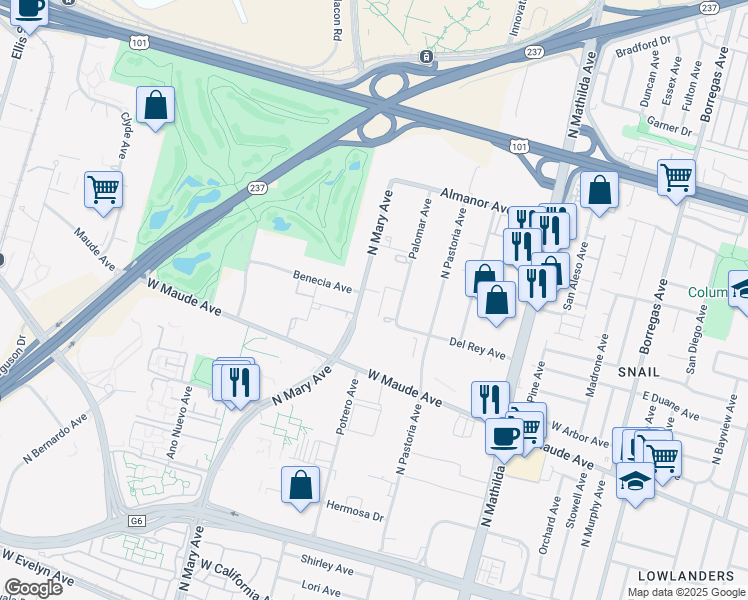 map of restaurants, bars, coffee shops, grocery stores, and more near 650 North Mary Avenue in Sunnyvale