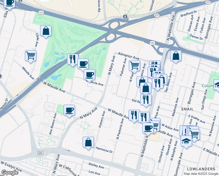 map of restaurants, bars, coffee shops, grocery stores, and more near 650 North Mary Avenue in Sunnyvale