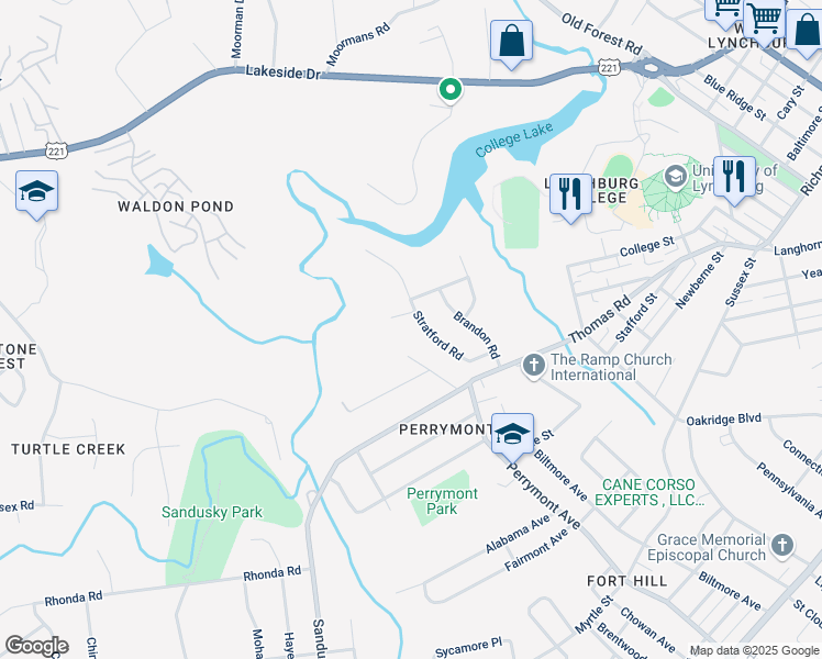 map of restaurants, bars, coffee shops, grocery stores, and more near 1141 Stratford Road in Lynchburg