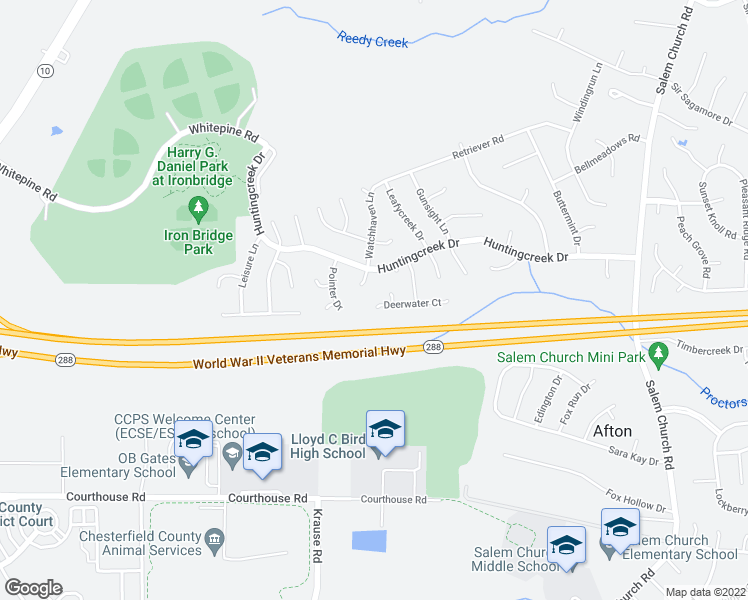 map of restaurants, bars, coffee shops, grocery stores, and more near 6038 Deerwater Court in Richmond