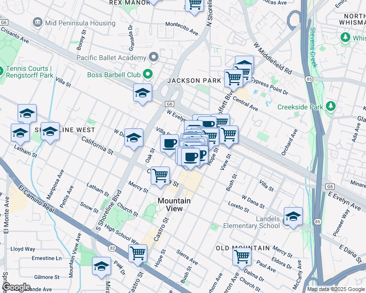 map of restaurants, bars, coffee shops, grocery stores, and more near 230 Bryant Street in Mountain View