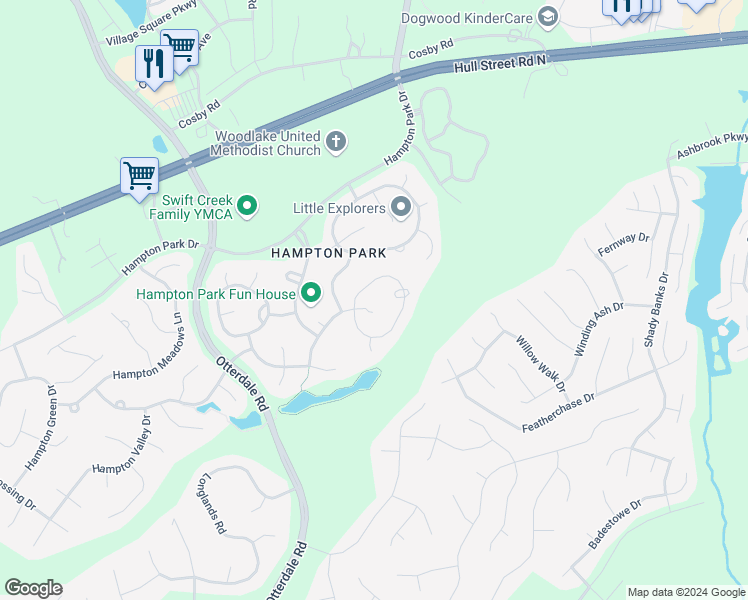 map of restaurants, bars, coffee shops, grocery stores, and more near 15606 Hampton Arbor Court in Chesterfield