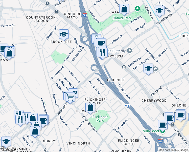 map of restaurants, bars, coffee shops, grocery stores, and more near 2280 Zoria Circle in San Jose