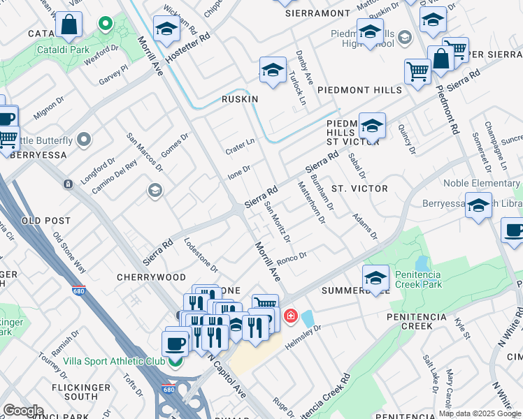 map of restaurants, bars, coffee shops, grocery stores, and more near 1215 Sierra Village Way in San Jose