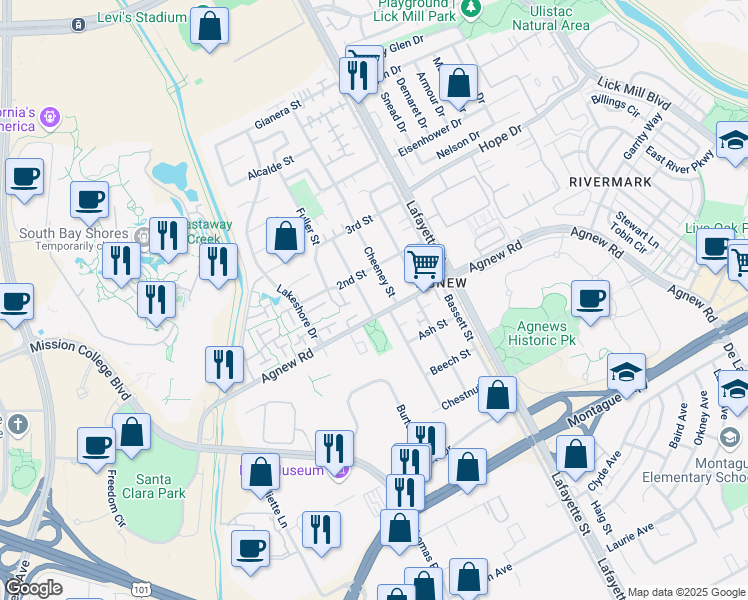 map of restaurants, bars, coffee shops, grocery stores, and more near in Santa Clara