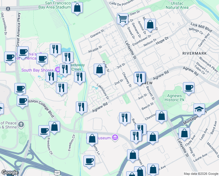 map of restaurants, bars, coffee shops, grocery stores, and more near 2332 Lakeshore Drive in Santa Clara