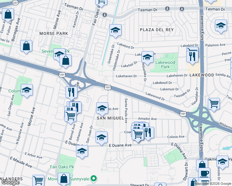 map of restaurants, bars, coffee shops, grocery stores, and more near 856 San Pablo Avenue in Sunnyvale