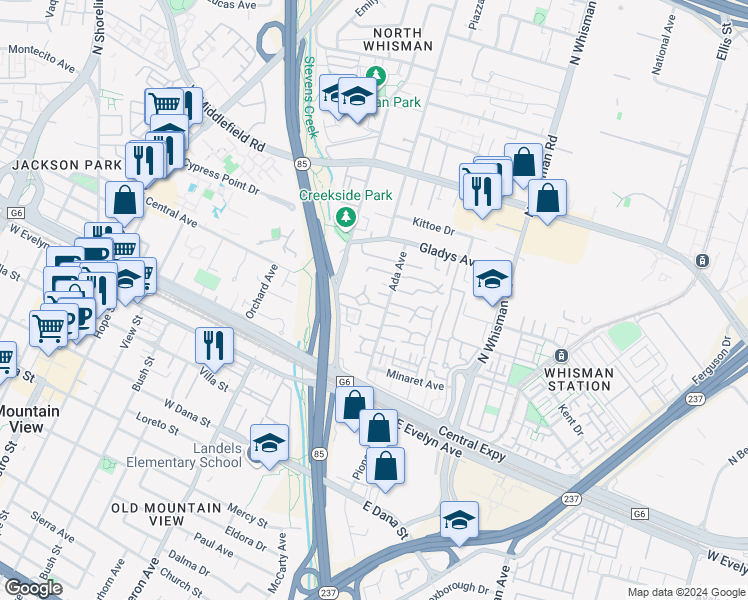 map of restaurants, bars, coffee shops, grocery stores, and more near 118 Savannah Loop in Mountain View