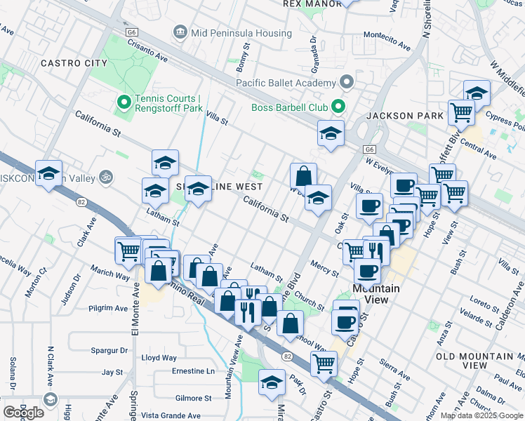 map of restaurants, bars, coffee shops, grocery stores, and more near 440 Palo Alto Avenue in Mountain View