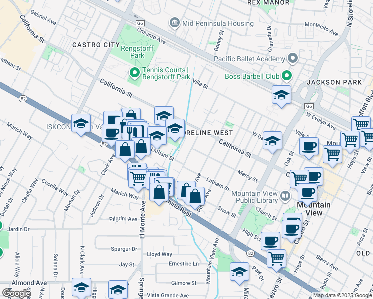 map of restaurants, bars, coffee shops, grocery stores, and more near 496 Chiquita Avenue in Mountain View