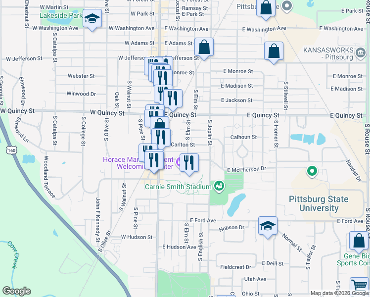 map of restaurants, bars, coffee shops, grocery stores, and more near 201 East Williams in Pittsburg