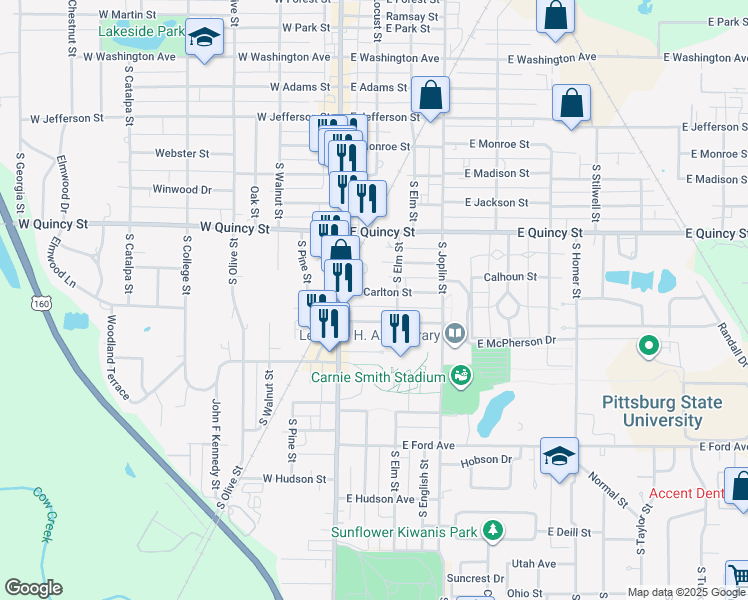 map of restaurants, bars, coffee shops, grocery stores, and more near 109 East Williams in Pittsburg