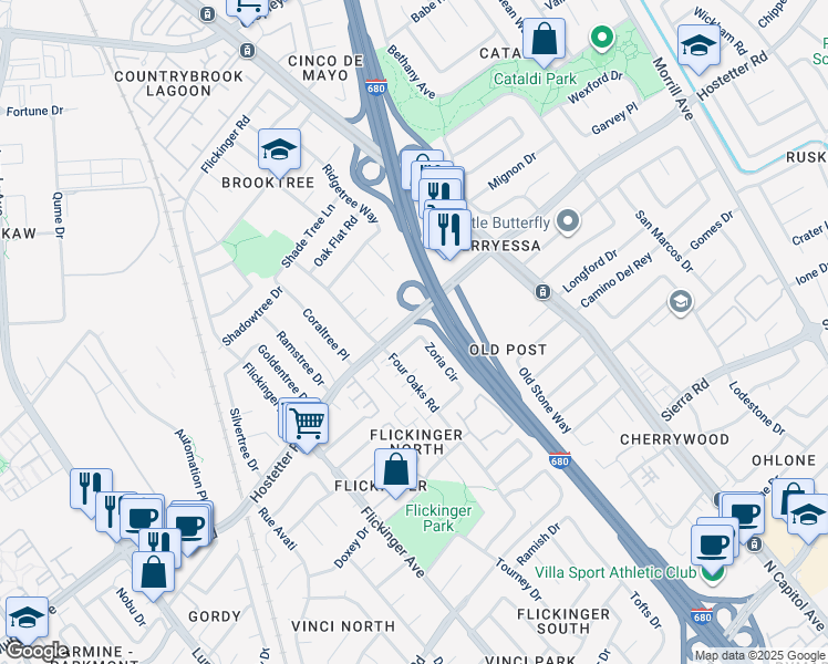 map of restaurants, bars, coffee shops, grocery stores, and more near 2280 Zoria Circle in San Jose