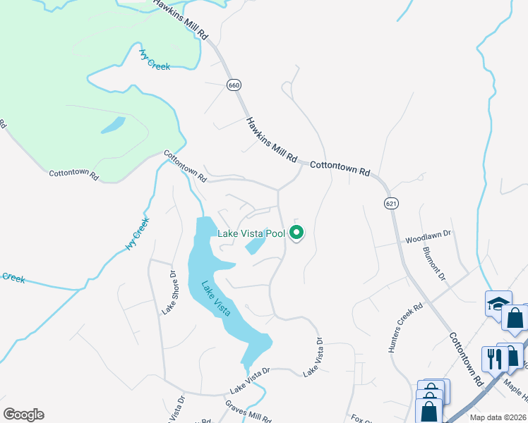 map of restaurants, bars, coffee shops, grocery stores, and more near 200 Lake Vista Drive in Forest
