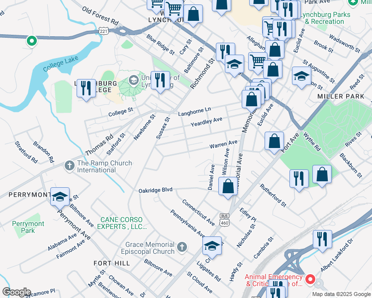 map of restaurants, bars, coffee shops, grocery stores, and more near 400 Warren Avenue in Lynchburg