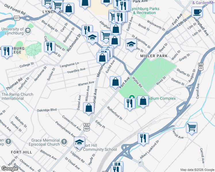 map of restaurants, bars, coffee shops, grocery stores, and more near 1107 East Grand Avenue in Lynchburg