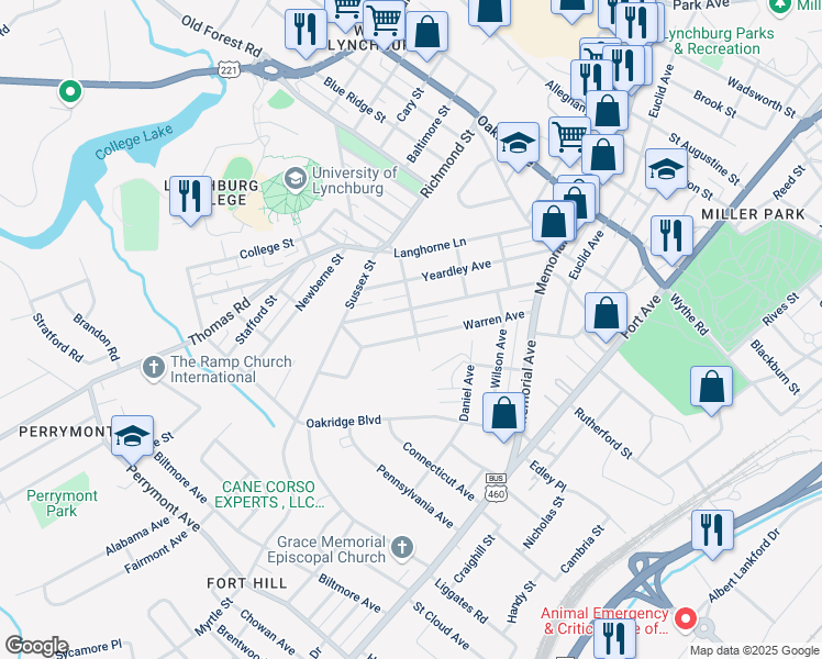 map of restaurants, bars, coffee shops, grocery stores, and more near 400 Warren Avenue in Lynchburg
