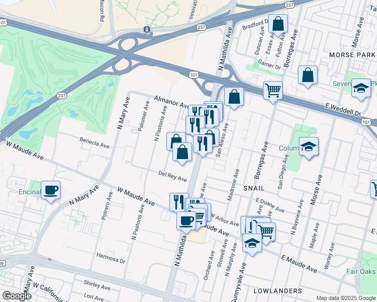 map of restaurants, bars, coffee shops, grocery stores, and more near 691n North Mathilda Avenue in Sunnyvale