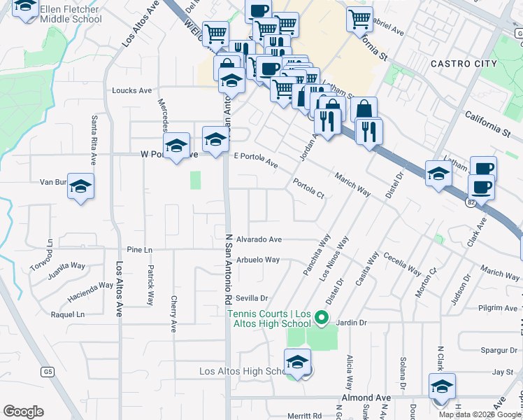 map of restaurants, bars, coffee shops, grocery stores, and more near 704 Catalina Way in Los Altos