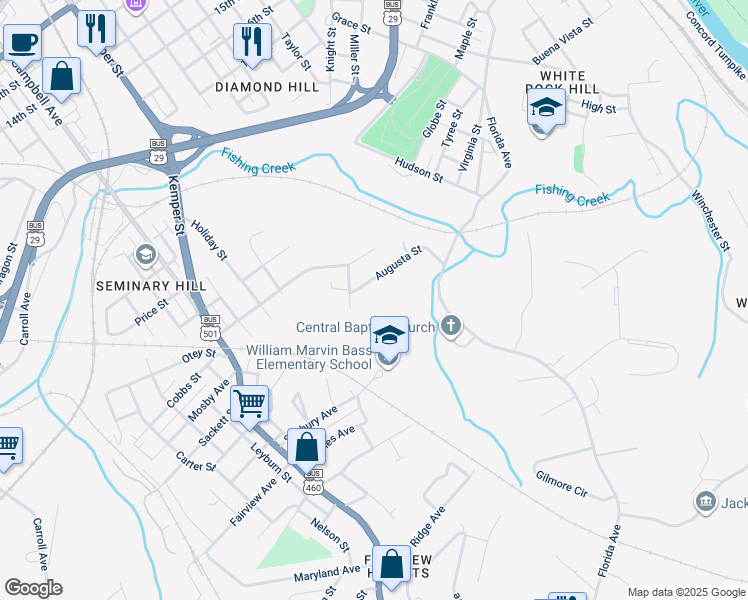 map of restaurants, bars, coffee shops, grocery stores, and more near 1537 Bland Street in Lynchburg