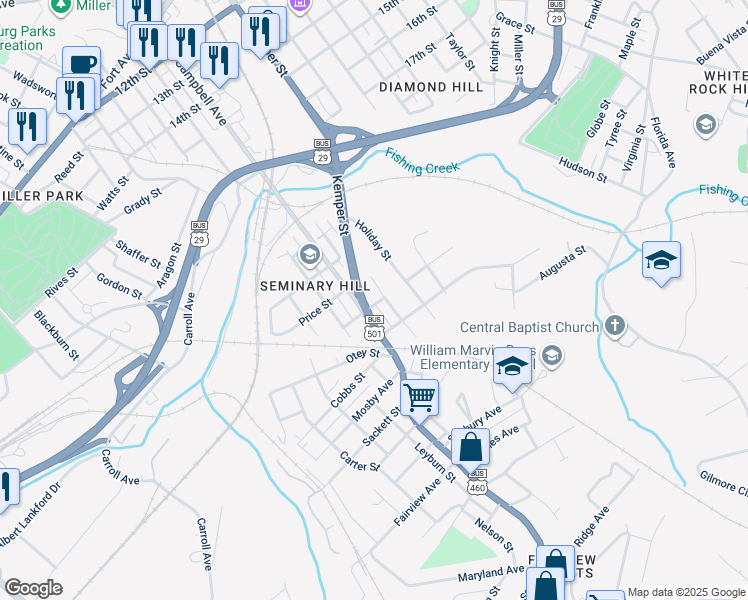 map of restaurants, bars, coffee shops, grocery stores, and more near 2201 Edmunds Street in Lynchburg