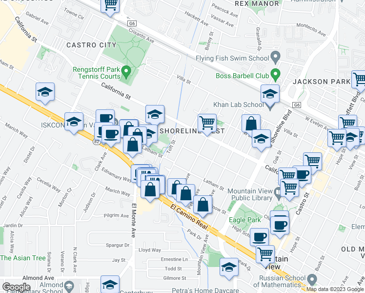 map of restaurants, bars, coffee shops, grocery stores, and more near Chiquita Avenue in Mountain View