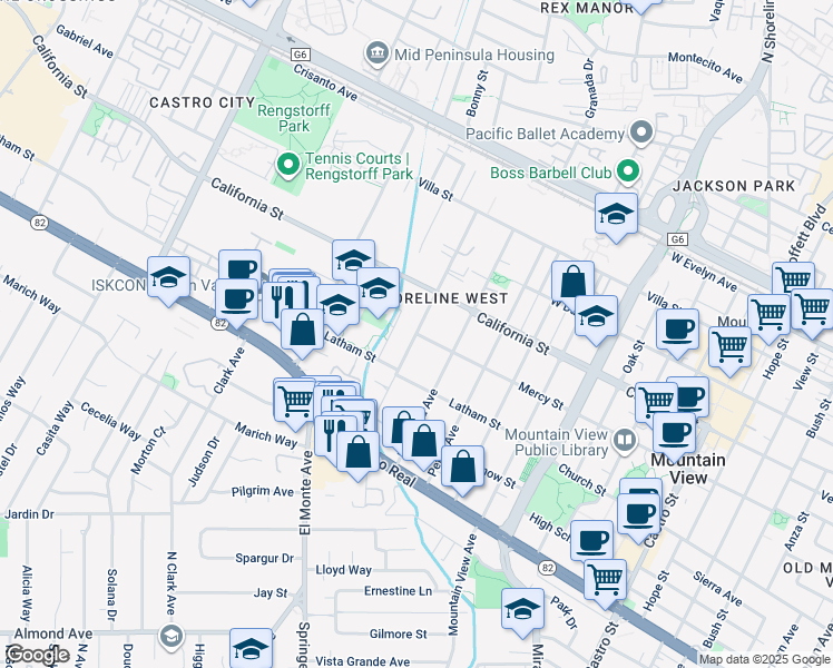 map of restaurants, bars, coffee shops, grocery stores, and more near Chiquita Avenue in Mountain View