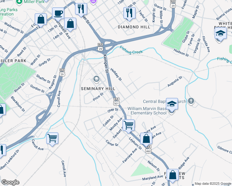 map of restaurants, bars, coffee shops, grocery stores, and more near 2201 Edmunds Street in Lynchburg