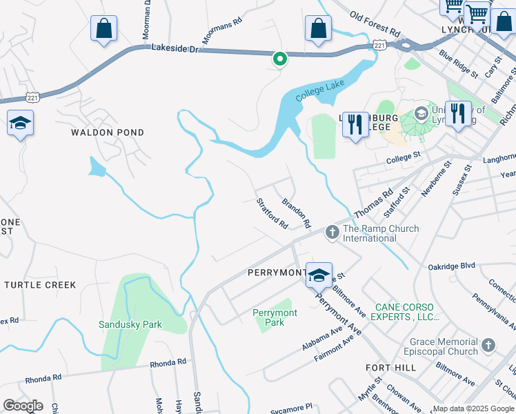 map of restaurants, bars, coffee shops, grocery stores, and more near 1141 Stratford Road in Lynchburg