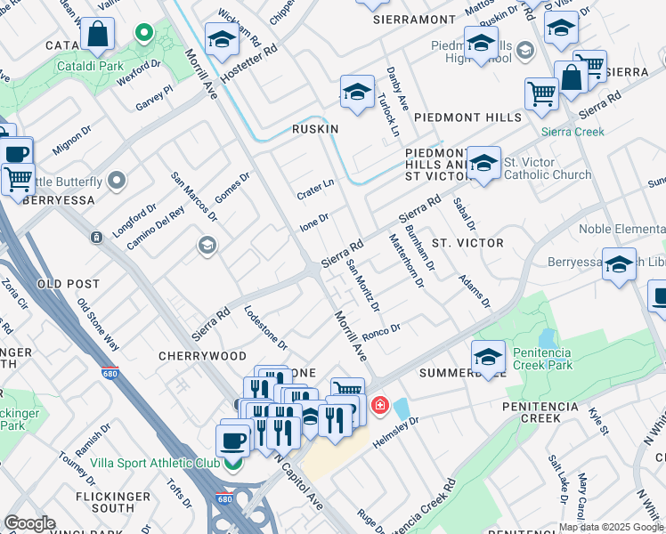 map of restaurants, bars, coffee shops, grocery stores, and more near 1260 Sierra Village Place in San Jose