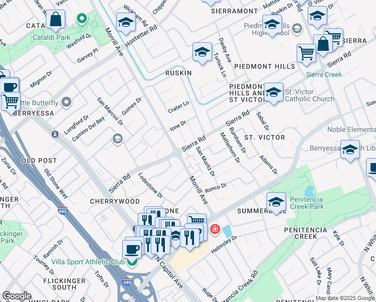 map of restaurants, bars, coffee shops, grocery stores, and more near 1260 Sierra Village Place in San Jose