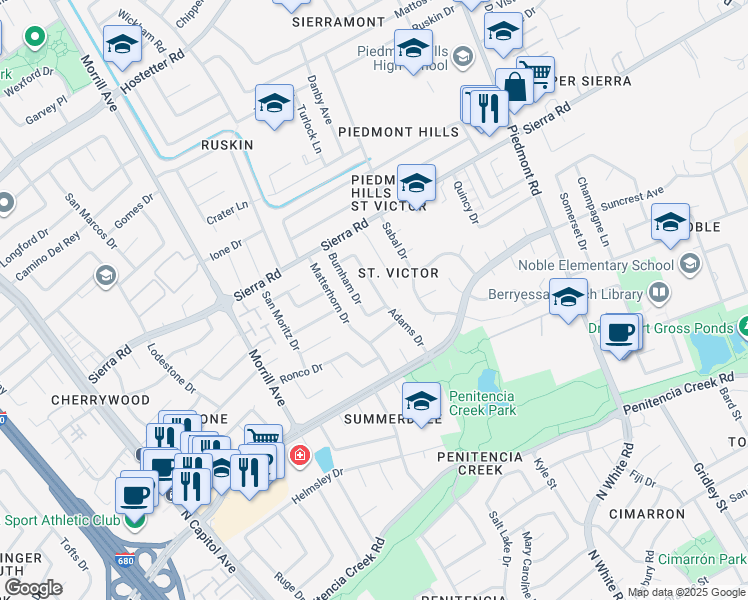 map of restaurants, bars, coffee shops, grocery stores, and more near 3025 Lugano Way in San Jose
