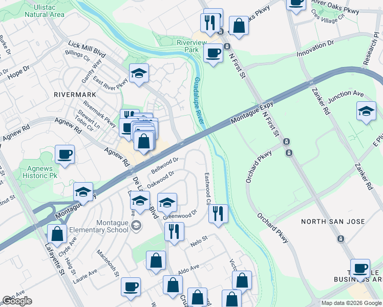 map of restaurants, bars, coffee shops, grocery stores, and more near 3890 Eastwood Circle in Santa Clara