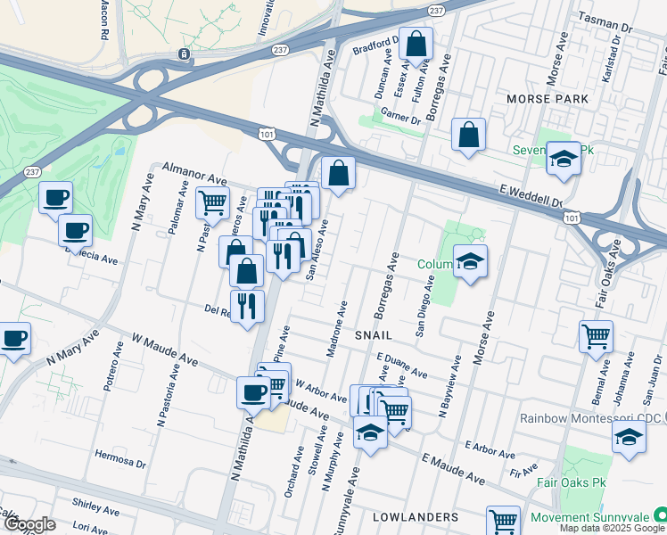 map of restaurants, bars, coffee shops, grocery stores, and more near 663 Madrone Avenue in Sunnyvale