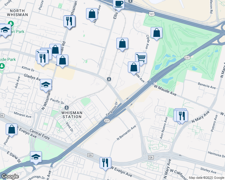 map of restaurants, bars, coffee shops, grocery stores, and more near 675 East Middlefield Road in Mountain View
